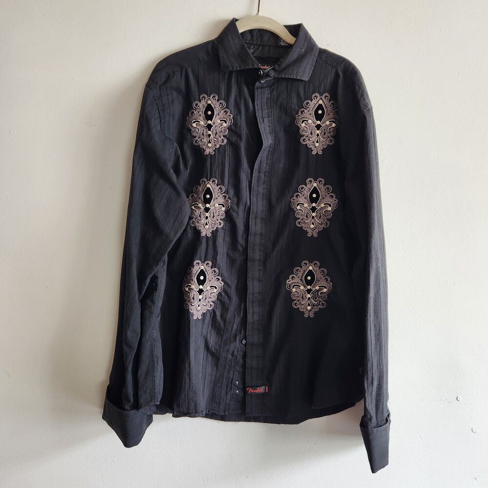Fender Black Embroidered Button-Front Shirt Men's Sz XL grunge retro streetwear
